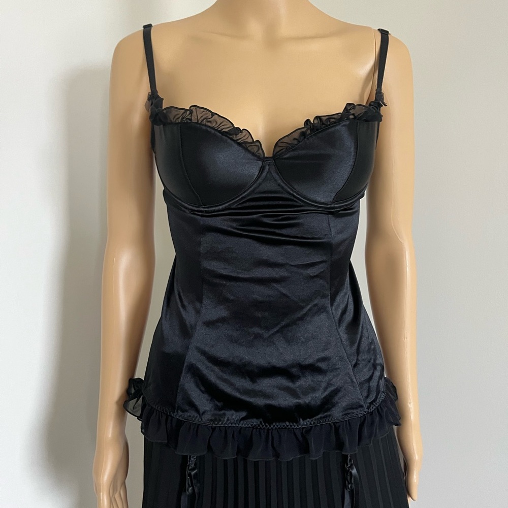 Victorias Secret Black Satin Top with lace trim and ruffle detail